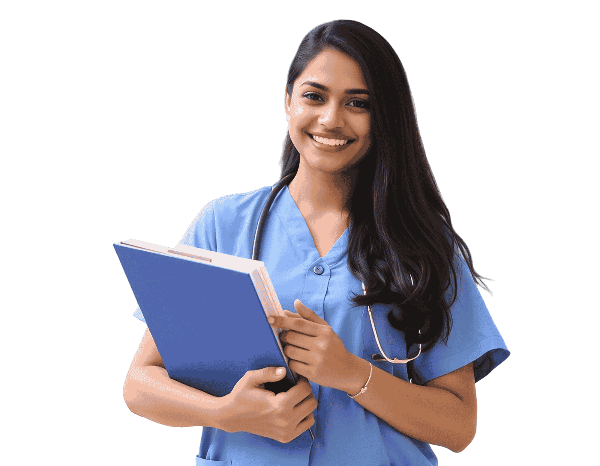 A smiling female nursing student in blue scrubs holding a medical clipboard and wearing a stethoscope, representing career readiness at Mathrushree